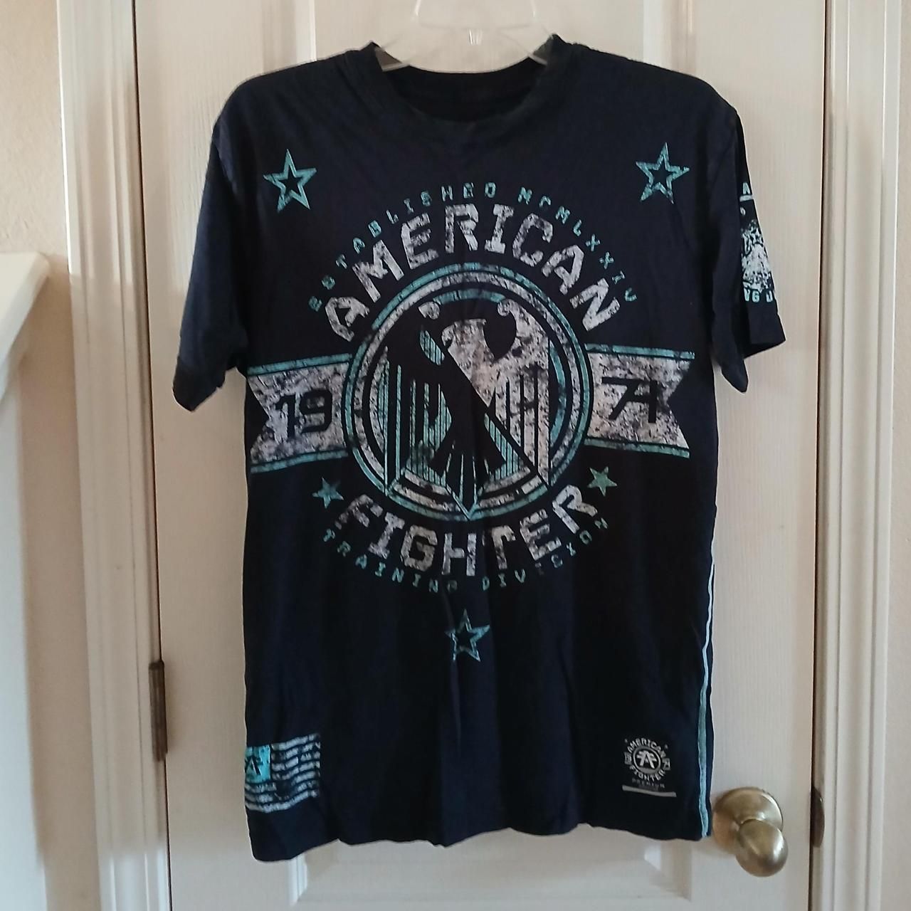 Y2k Style Distressed Look American Fighter Black, White, & Blue T-Shirt S Mma